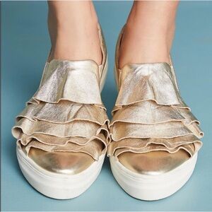 Anthro Seychelles Quake Gold Leather Ruffle Slip On Sneakers